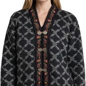 Icelandic Design Sweater Full Zip 100% Wool Aztec Floral Black Embellished Small